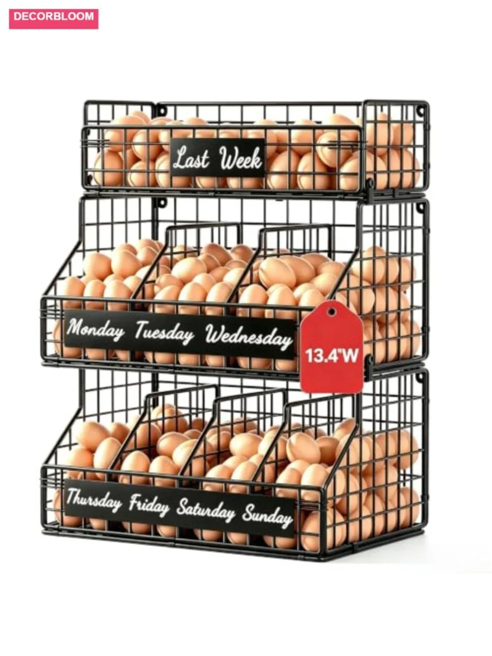 3-Tier Chicken Egg Basket Countertop Organizer with 5 Dividers & Date Labels,